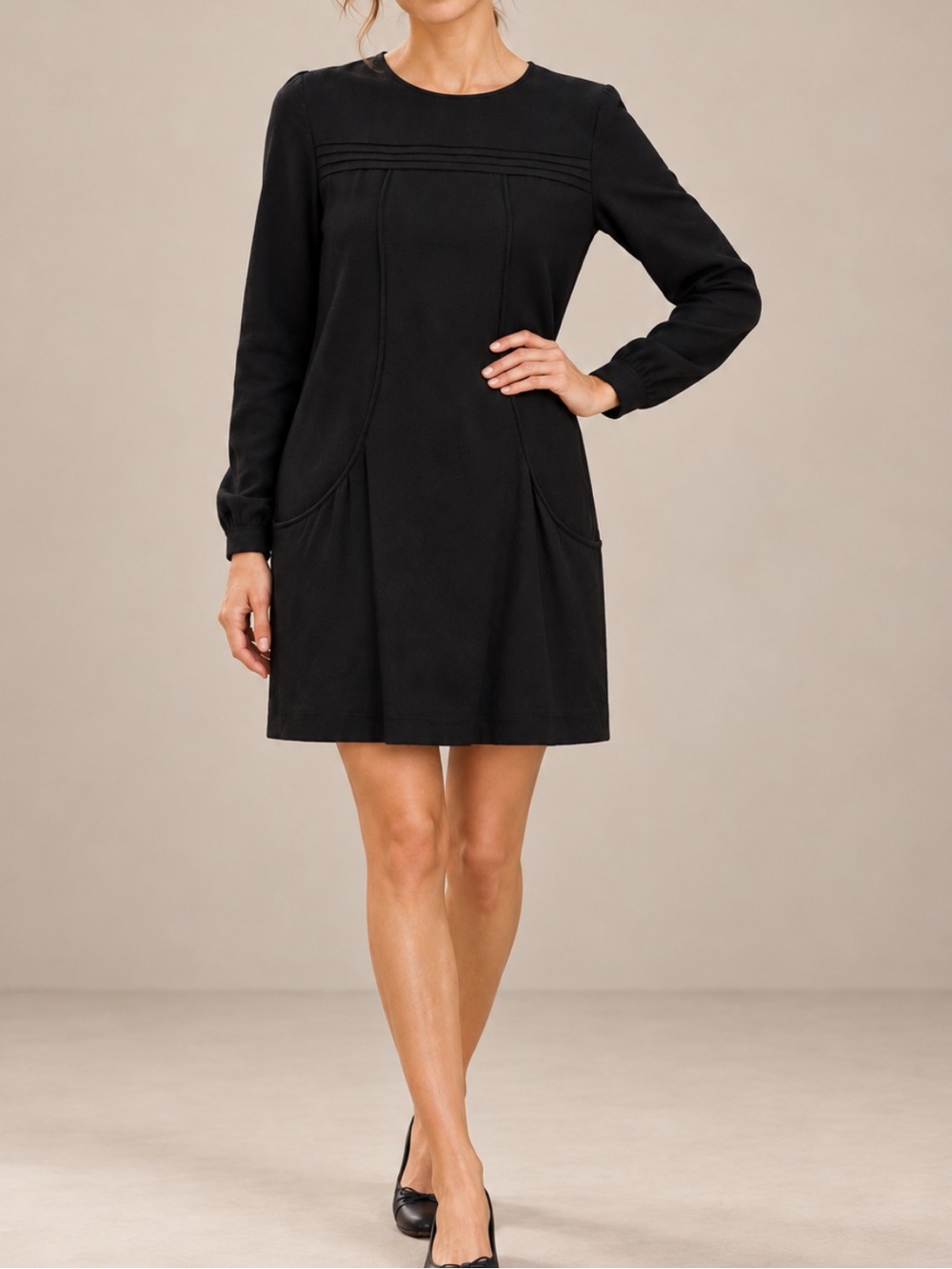 Sezane Pleated Front Long Sleeve‎ Minimalist Dress Size 36 French or US 4 Black